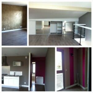Montage de quatre vues intérieures modernes : salon avec mur texturé or, mezzanine avec placard miroir, cuisine blanche et couloir avec murs gris et fuchsia.