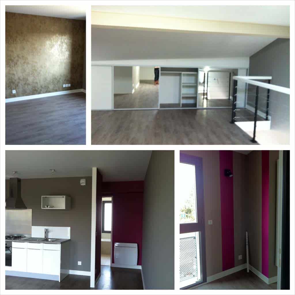 Montage de quatre vues intérieures modernes : salon avec mur texturé or, mezzanine avec placard miroir, cuisine blanche et couloir avec murs gris et fuchsia.