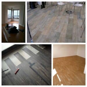 Installation de plancher flottant imitation bois brut dans diverses ambiances : pose en cours, aspect vieilli, et finition bois clair.