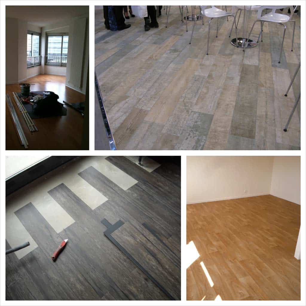 Installation de plancher flottant imitation bois brut dans diverses ambiances : pose en cours, aspect vieilli, et finition bois clair.